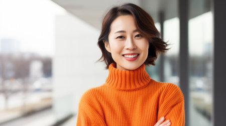 portrait of smiling asian woman in orange sweater at modern officeの素材