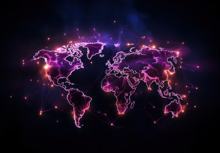 Abstract polygonal world map with glowing dots and lines on dark backgroundの素材