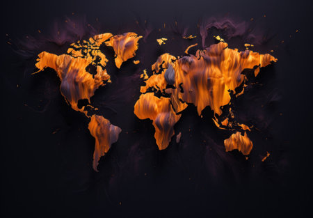 World map with fire on black background. 3d illustration. Global warming conceptの素材