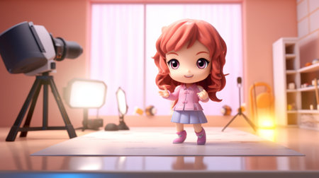 Cute cartoon girl with pink hair in front of camera. 3d renderingの素材