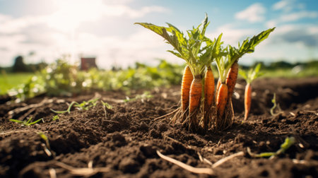 Organic carrots growing in the field. Agricultural concept. Selective focus.の素材