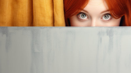 Redhead girl hiding behind a sheet of paper and looking at the cameraの素材