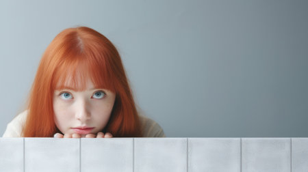 Young redhead woman looking out from behind the white wall. Copy space.の素材