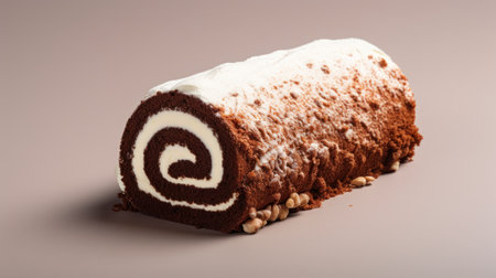 Sliced chocolate roll cake with cream and nuts on brown backgroundの素材