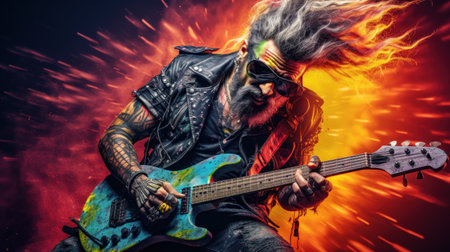 Guitar player in leather jacket with electric guitar on fire backgroundの素材