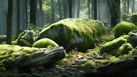 Fantasy landscape with green moss in the forest. 3d renderの素材