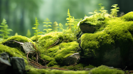 Green moss on rocks in the forest. Selective focus. Nature.の素材