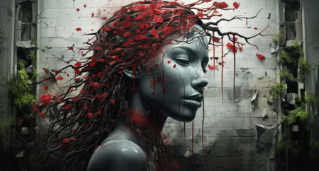 3d rendering of a woman with red blood on her face.の素材