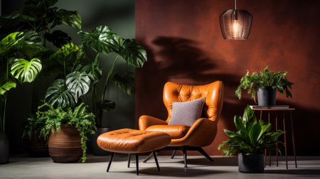Modern interior design of living room with brown leather armchair and plantsの素材