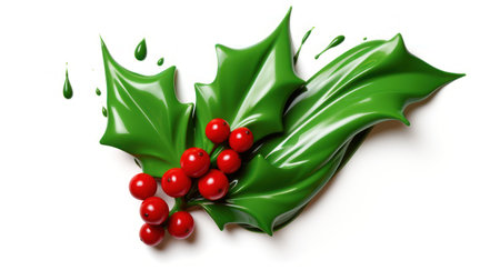 Christmas holly berry with green paint splash isolated on white backgroundの素材