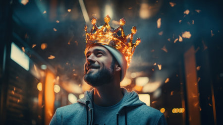 Portrait of a man with a crown on his head in the cityの素材