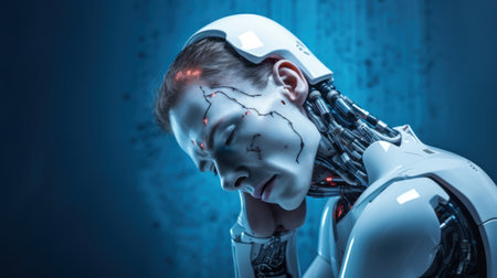 3d rendering of a male robot with blood on his face.の素材