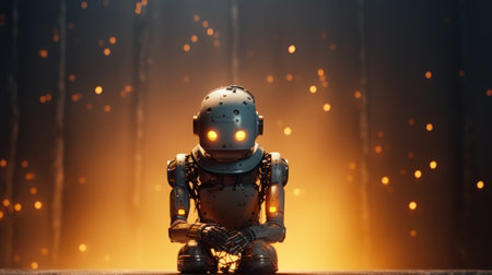 Astronaut sitting on a wooden platform. 3D rendering.の素材