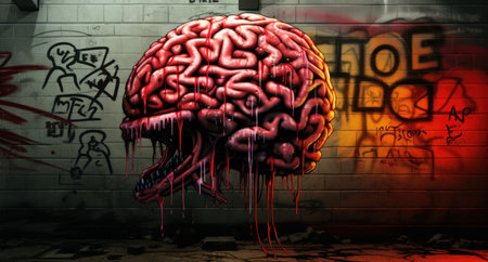 Brain in a wall with graffiti on it. 3D rendering.の素材