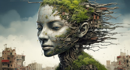 3D rendering of a human head surrounded by green grass and rootsの素材