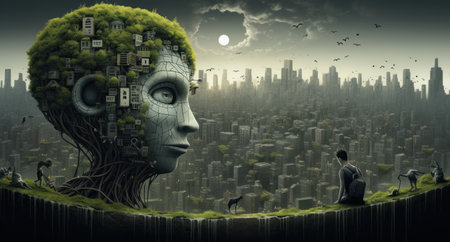 Think outside the box concept with a human head surrounded by a green tree and a cityscapeの素材