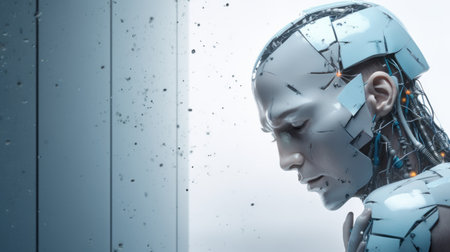 Cyborg woman with broken glass on white background. 3d renderingの素材