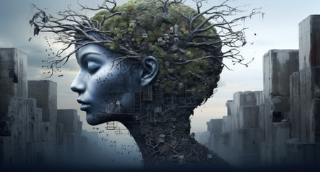 Human head with tree in the middle of the city. 3D renderingの素材