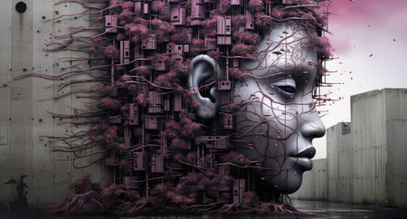 3d rendering of a human face in a futuristic city with lock boxesの素材
