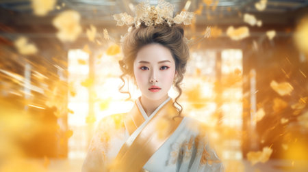 Beautiful asian woman in kimono with flying petalsの素材