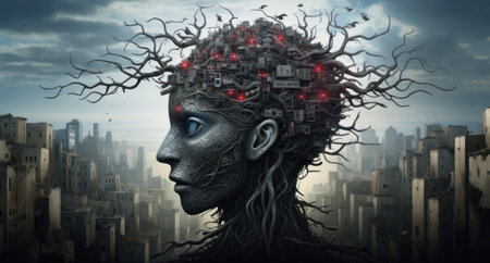 Zombie head with tree roots and city background. 3D renderingの素材
