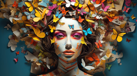 Beautiful girl with butterflies on her face. 3d illustration.の素材