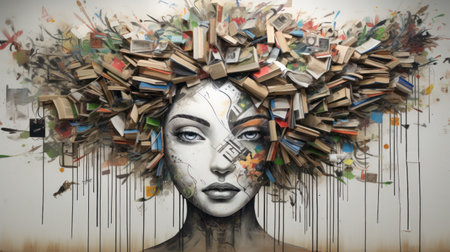 Artistic portrait of a girl with creative make-up and many booksの素材