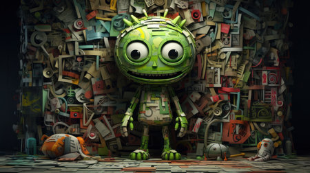Funny green alien surrounded by many letters and numbers. 3d illustrationの素材