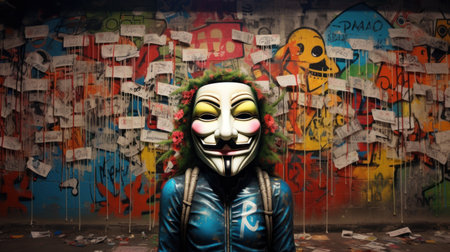 Graffiti wall with a clown mask in the city of Barcelona.の素材