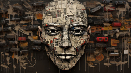 3d illustration of a skull with a lot of tools in the backgroundの素材