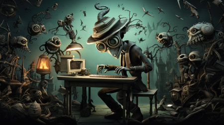 Creepy skeleton working at the computer. Halloween concept. 3D Renderingの素材