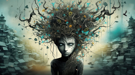 Fantasy illustration of a girl with a strange tree on her headの素材