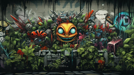 Graffiti wall with monster in the city - 3D illustration.の素材