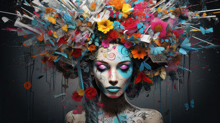 Beautiful young woman with creative make up like a doll with flowersの素材