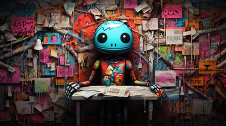 3d illustration of a little robot reading a book in front of graffiti wallの素材