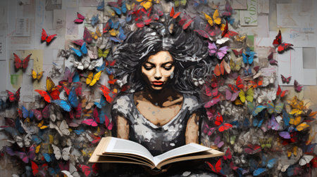 Beautiful young woman reading a book on the wall with many butterfliesの素材