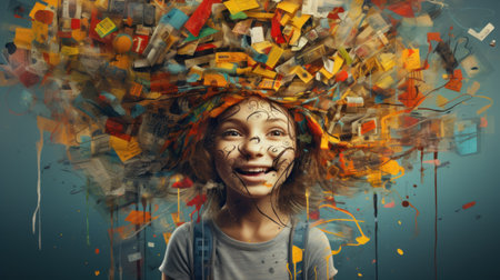 Beautiful girl with creative make-up and many colorful paper notesの素材