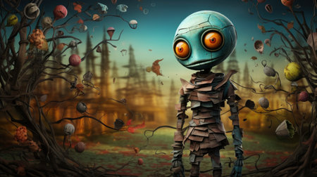 3D Illustration of a Alien in a haunted house. Halloween.の素材