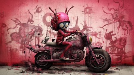 Scary pink girl biker on a motorcycle in front of wallの素材