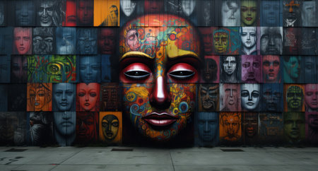 3d illustration of a colorful mask in a wall with many portraitsの素材