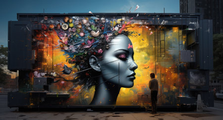 3D rendering of a female head in front of a graffiti wallの素材