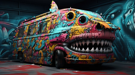 Fantasy monster bus with colorful graffiti on the wall. 3D renderingの素材