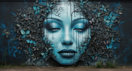 3d rendering of a female face with blue eyes on a grunge wallの素材