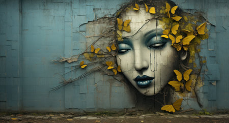 Graffiti portrait of a beautiful girl with yellow butterflies on her faceの素材