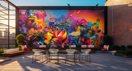 Modern cafe interior with colorful graffiti on wall. 3D Renderingの素材