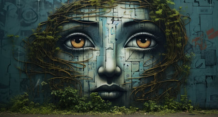 Graffiti face with ivy on the wall. 3D renderingの素材
