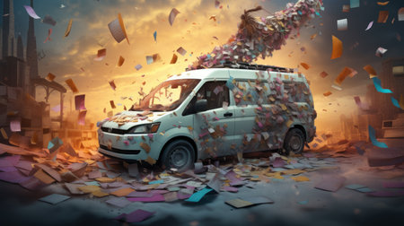 Conceptual image of a car destroyed by an explosion of confettiの素材