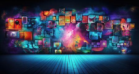 Futuristic abstract background with many colorful cubes and lights 3D renderingの素材
