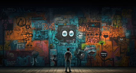 Man standing with back and looking at colorful graffiti wall. Mixed mediaの素材
