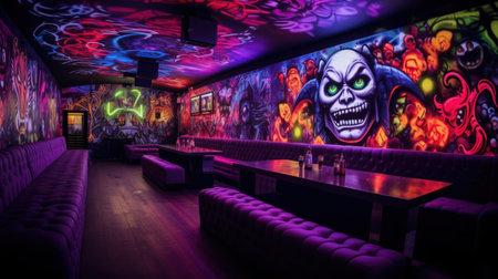 Night club interior with neon lights and a scary face. Halloween conceptの素材